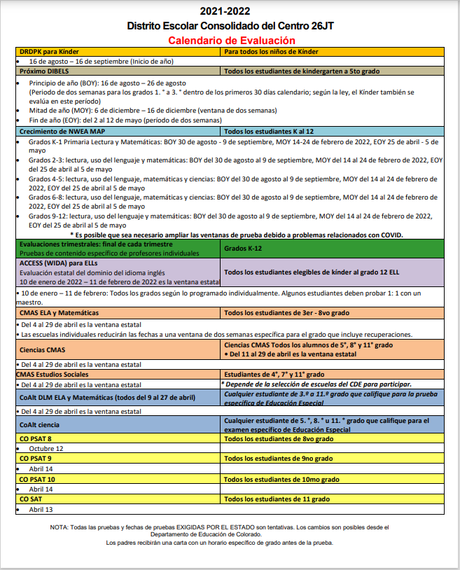 Assessment Calendar 2021-22 (Spanish)