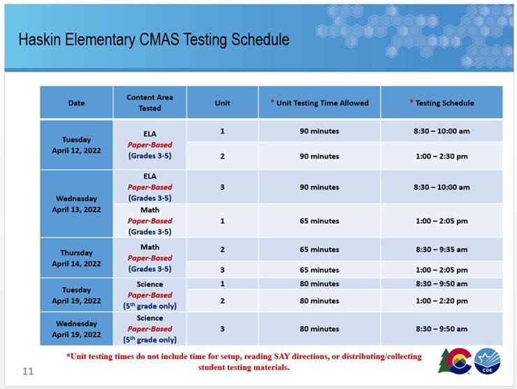 2022 Haskin Elementary CMAS Testing Schedule