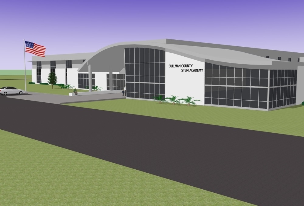 3D rendering of a building with glass windows and an American flag. A car is parked in the lot.
