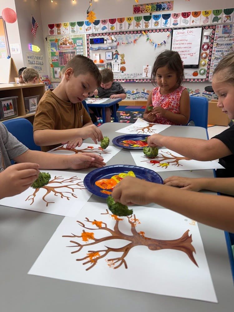 Children at desks in a classroom, painting leaves on a tree. Papers and plates with paint on the table.