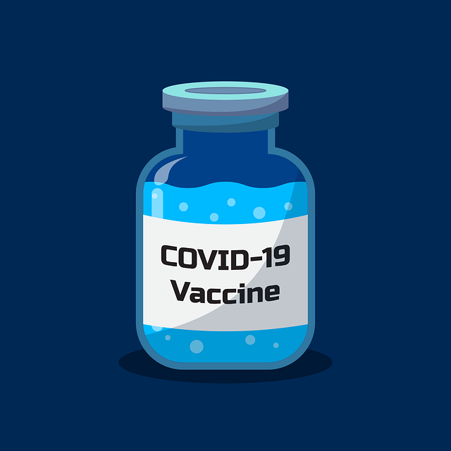 drawing of a vial with the words Covid-19 Vaccine