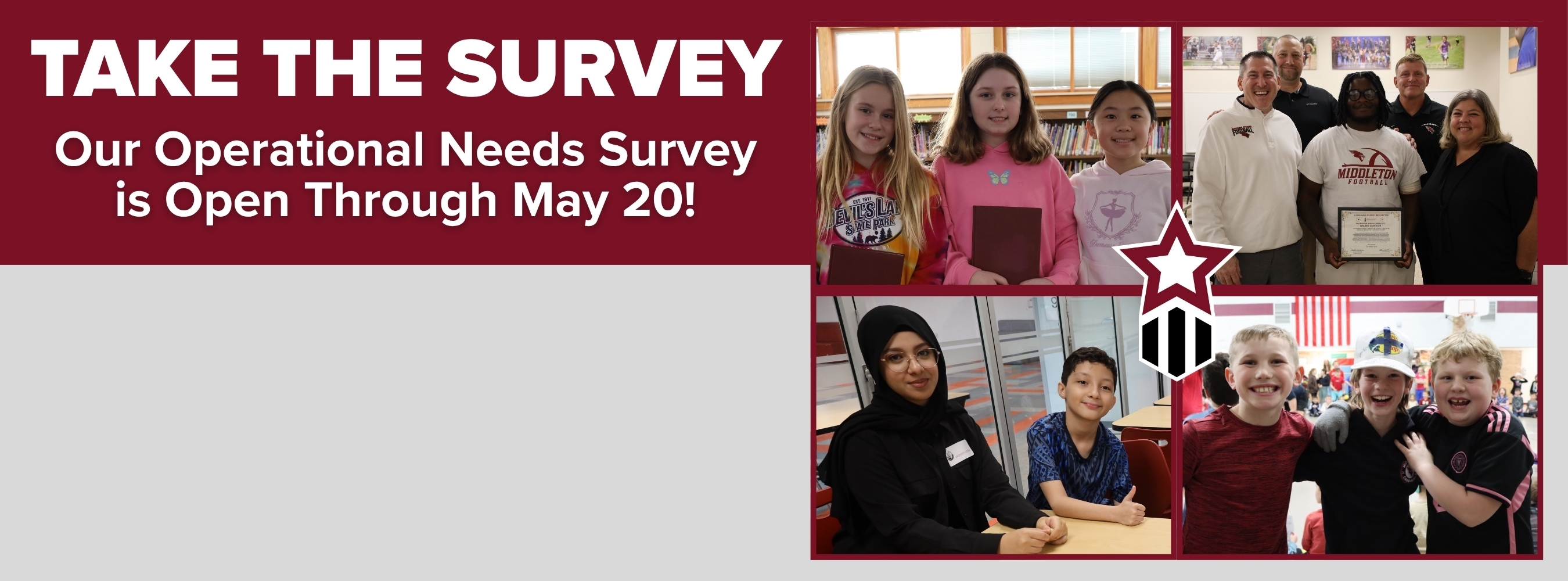 Collage of students and staff smiling with text asking community members to complete the referendum survey