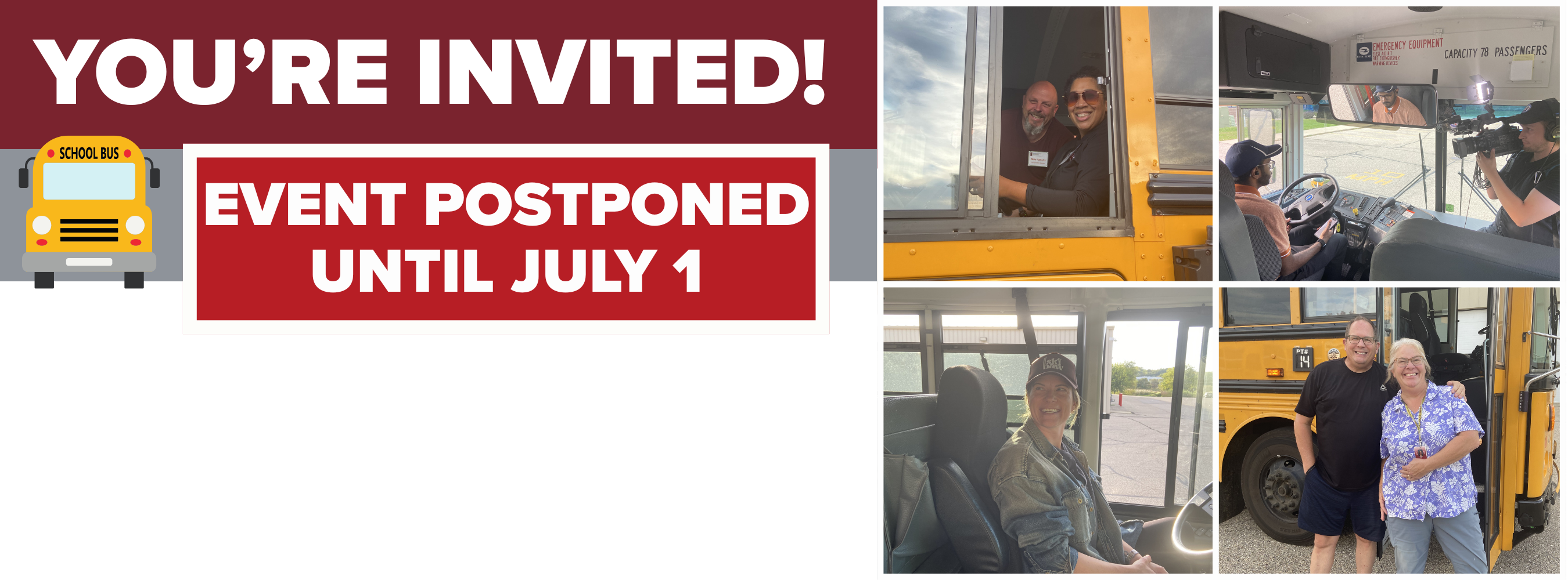 You're Invited! Drive a bus event on June 17. EVENT POSTPONED UNTIL JULY 1