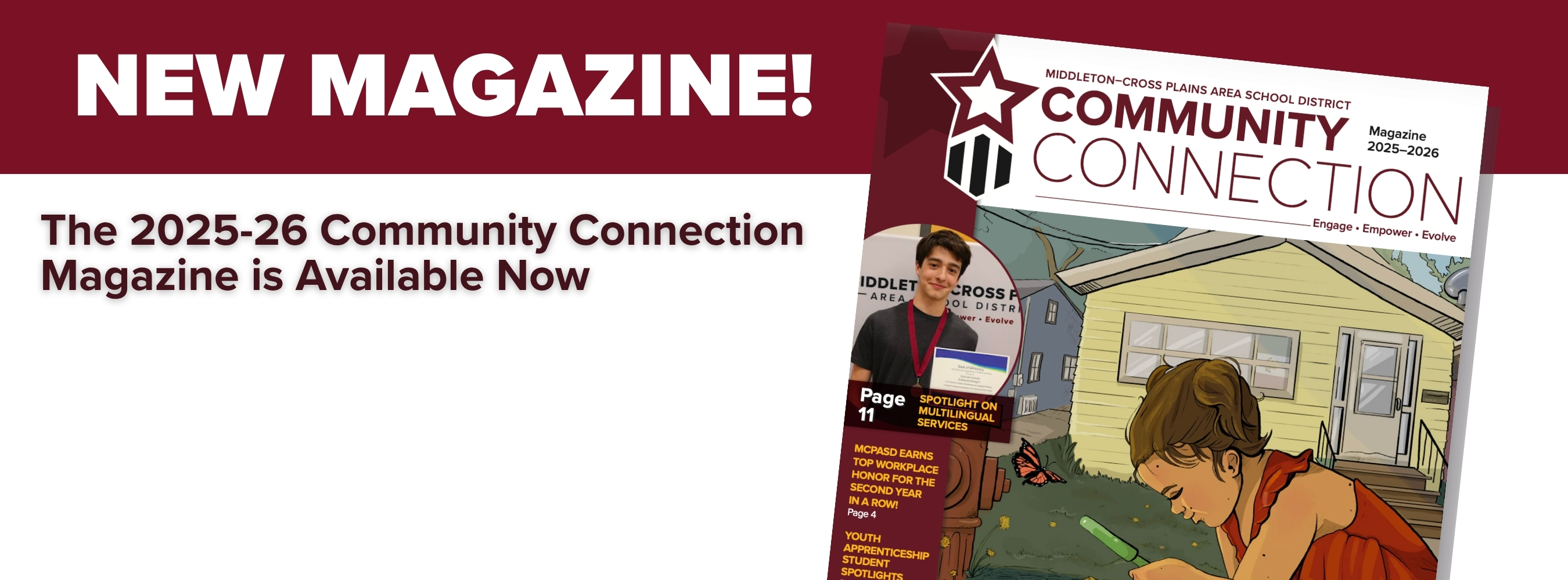 Cover of the 2025-26 Community Connection magazine on a red and white background with the words "New Magazine!" and "The 2025-26 Community Connection Magazine is Available Now"