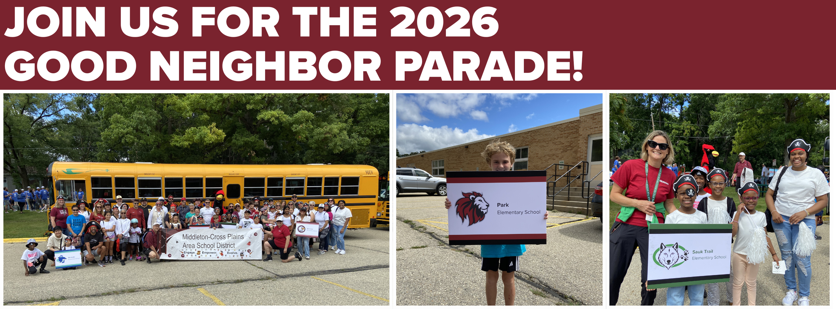 A collage includes a yellow school bus, a group by a banner, and another group with banners and a sign.