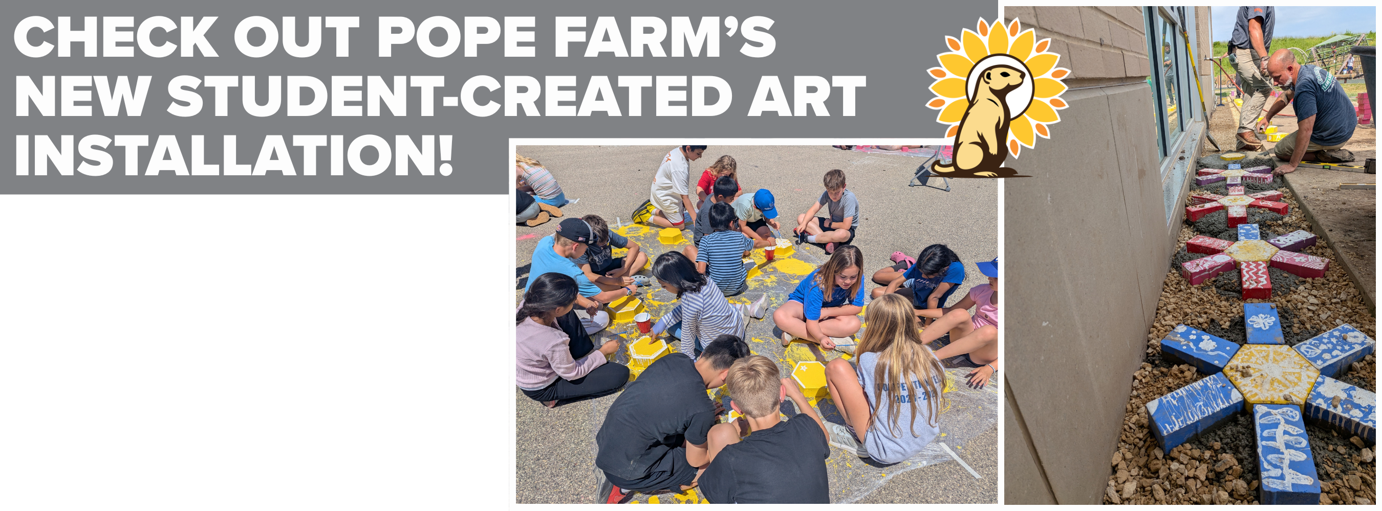 Group of students sit on ground around a table, creating art. Background shows a finished installation of colorful, cross-shaped pieces.