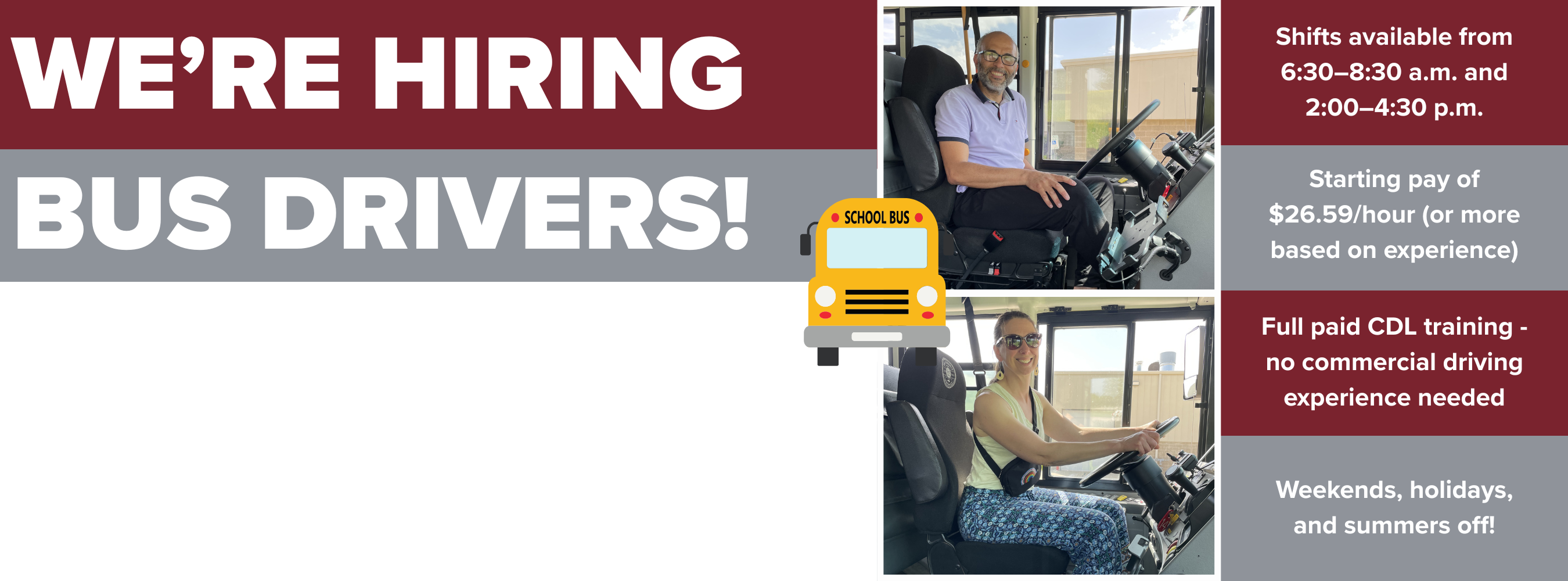 A bus driver sits in the driver's seat of a yellow school bus. The ad offers paid CDL training.