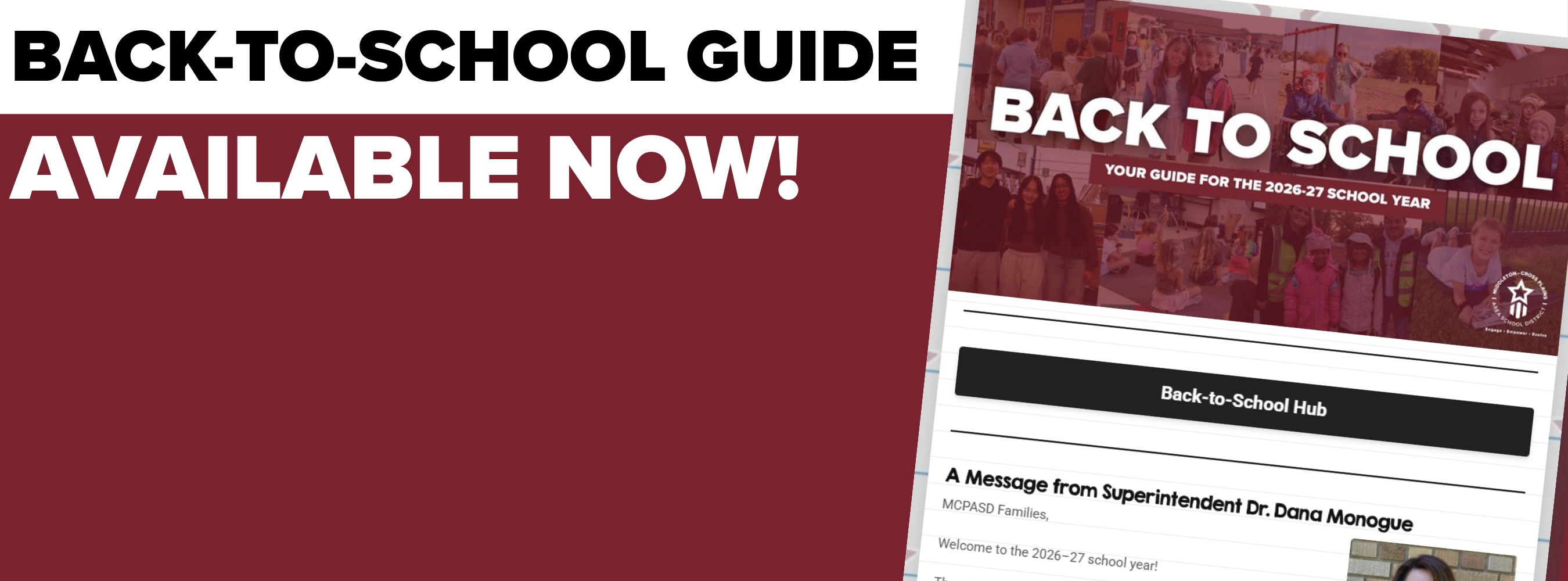 A red and white banner with bold text that reads "Back-to-School Guide Available Now!" and a preview of a webpage.