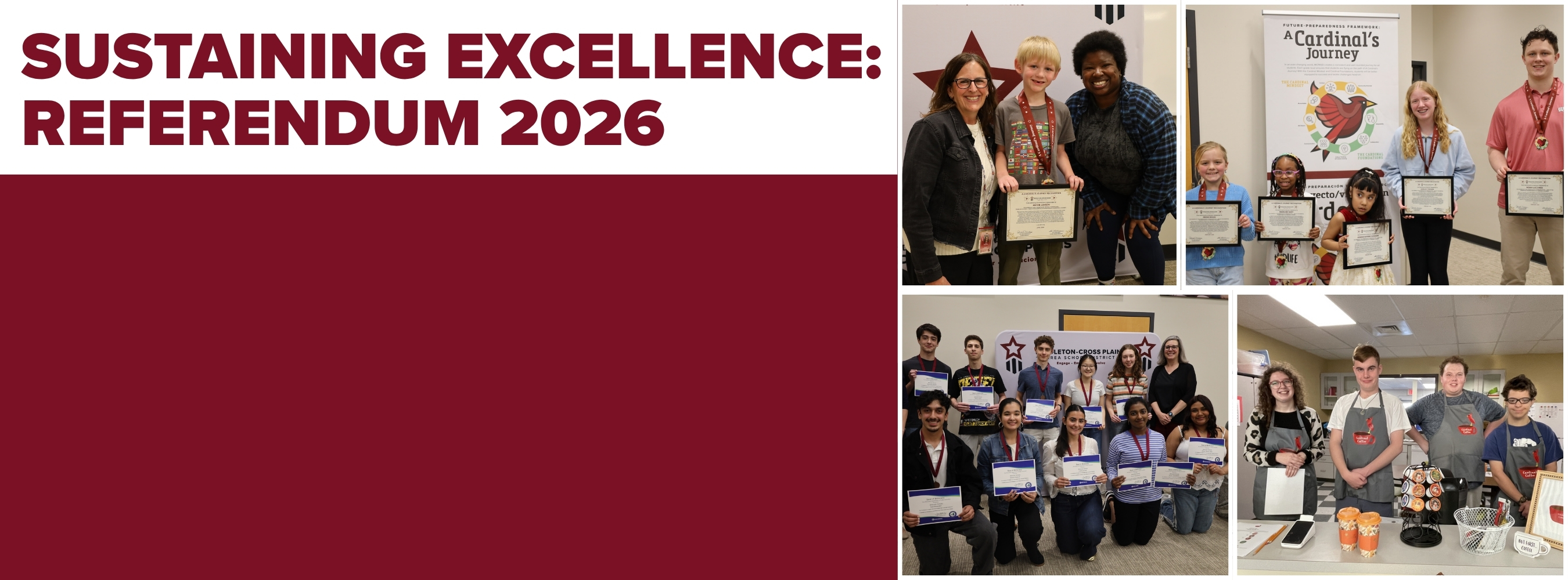 Photos of students and staff smiling with the text "Sustaining Excellence: Referendum 2026"