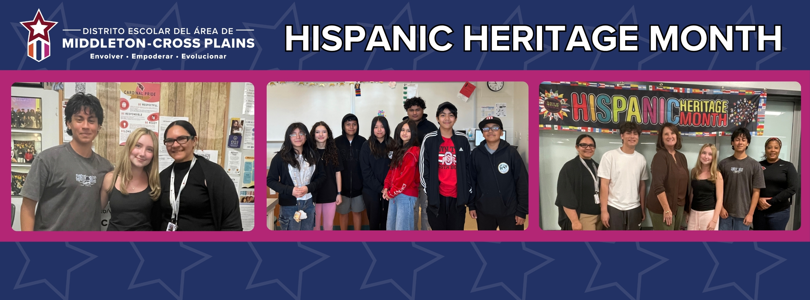 Photos of students and staff smiling on a blue and pink background with stars and the Hispanic Heritage Month logo