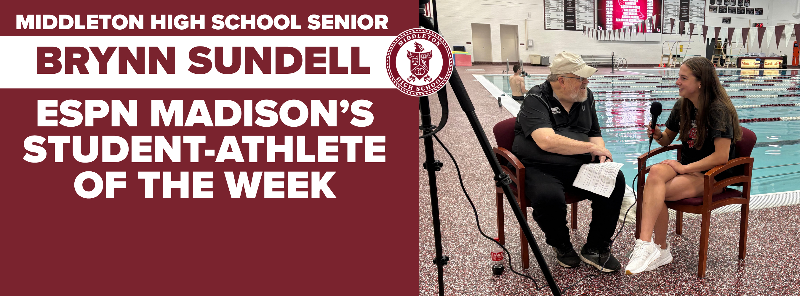 A male and a female seated by a pool. Text reads "BRYNN SUNDELL ESPN MADISON'S STUDENT-ATHLETE OF THE WEEK".