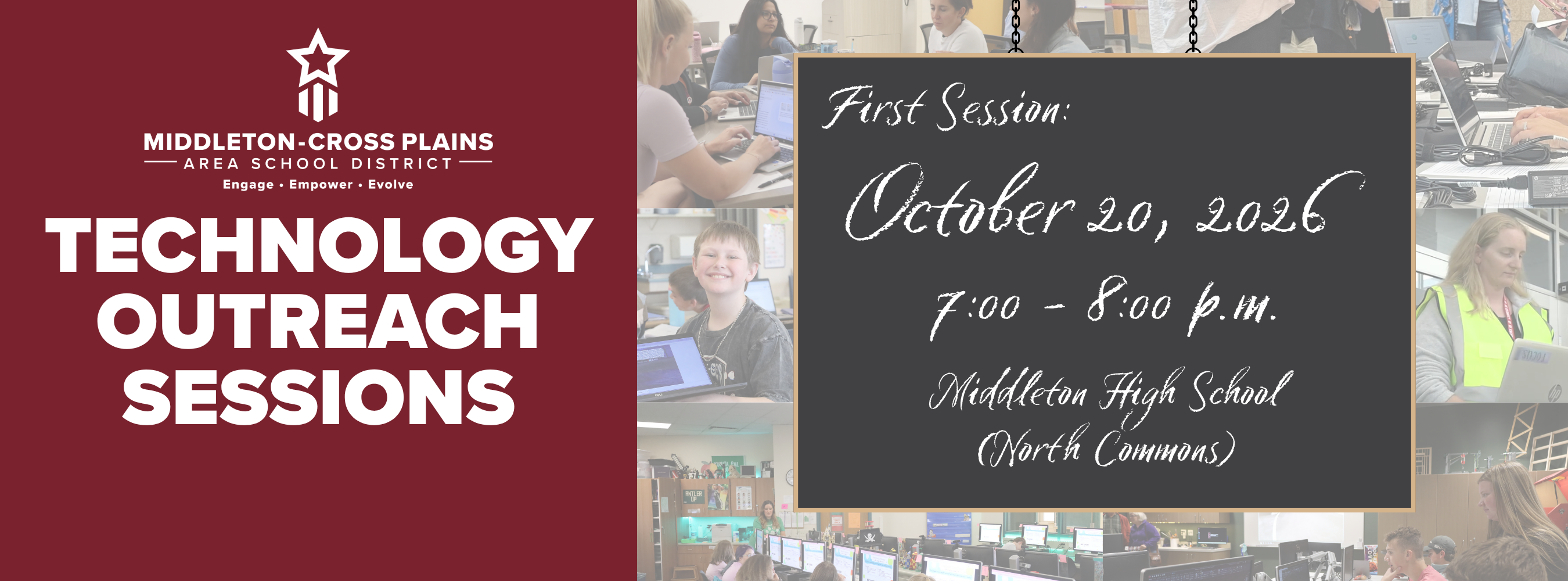 Advertisement with red background and text: "Technology Outreach Sessions" and a blackboard with details.