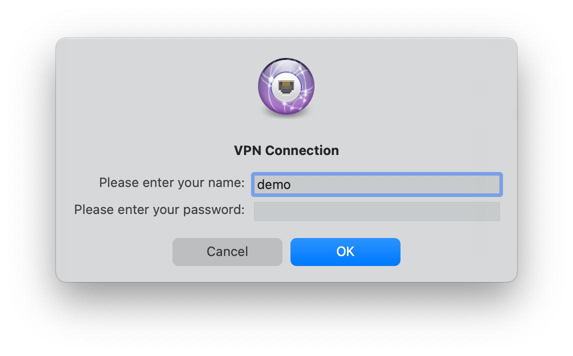VPN username popup