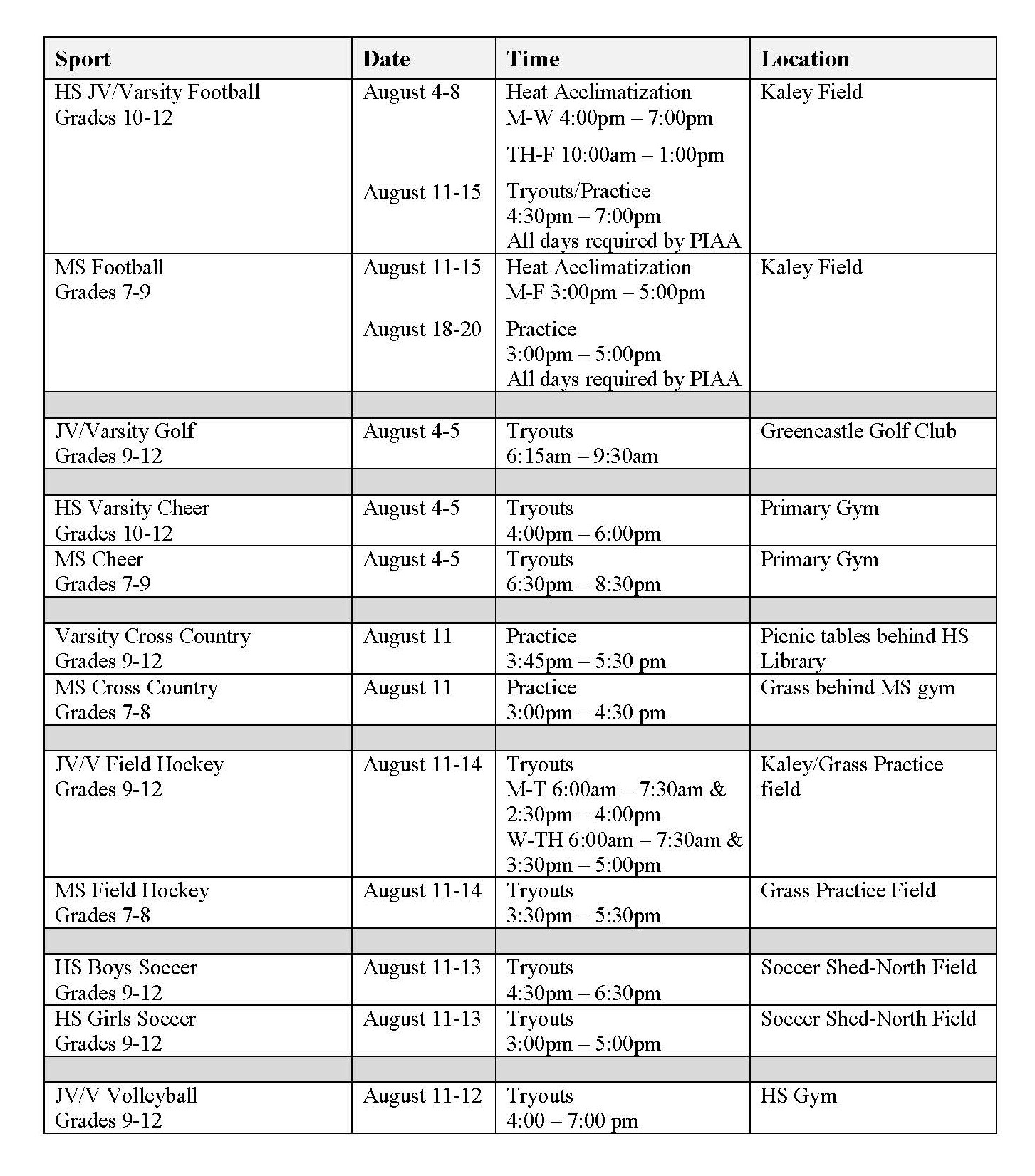 GA Fall Sport Tryout