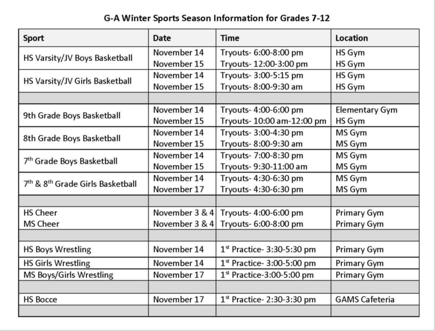 HS/MS Winter Tryout Schedule