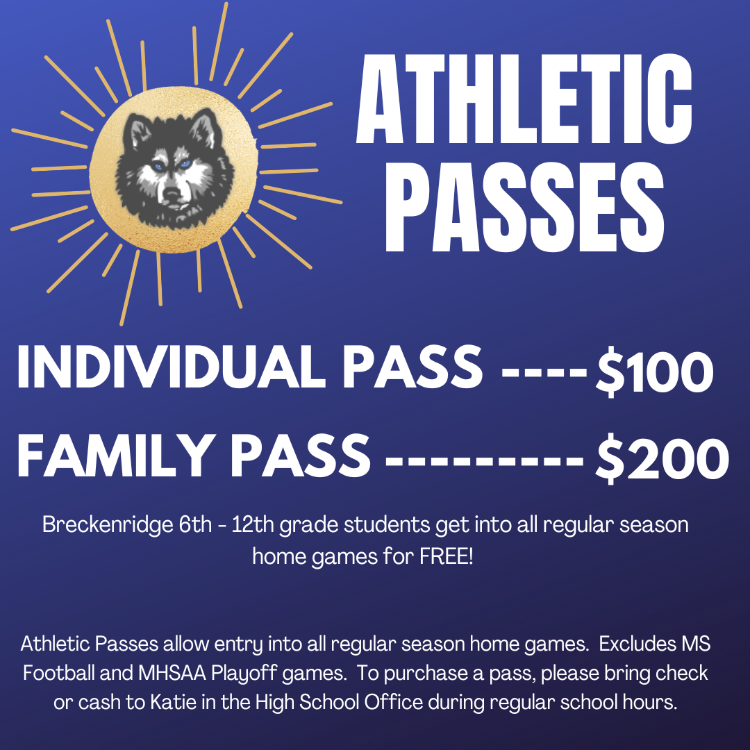 Huskie Athletic Pass prices.  Students in grades 6-12 are free