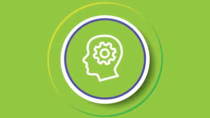 A minimalist graphic featuring a white line-art icon of a human head in profile with a gear inside the brain area, symbolizing thought, processing, or mental health. The icon is centered within a thick white circular border, which is itself encased in a thin purple ring. The entire emblem is set against a vibrant lime-green background.