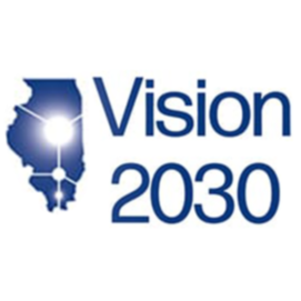 A blue and white logo featuring a stylized silhouette of the state of Illinois on the left. The silhouette contains several white, interconnected glowing nodes and lines. To the right of the state outline, the words "Vision 2030" are written in a clean, sans-serif blue font.