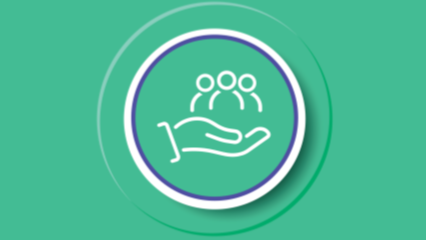 An icon featuring a white line-art illustration of a hand holding three stylized people figures, centered within a circular frame on a teal background. The image symbolizes concepts like community support, human resources, care, or teamwork.