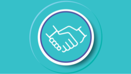 A white line-art illustration of two hands shaking, set within a circular frame on a teal background. The icon represents partnership, agreement, collaboration, or trust.