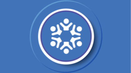 A white icon featuring six stylized figures with their arms raised, arranged in a circle to form a snowflake-like pattern, centered on a blue background within a circular frame. The image represents concepts such as unity, diversity, global community, or inclusive teamwork.