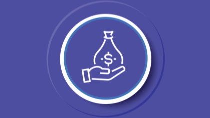 A white line-art icon of an open hand holding a money bag with a dollar sign on it, centered within a circular frame on a purple background. This image symbolizes funding, investment, financial support, or grants.