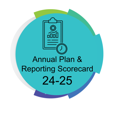 A circular graphic with a teal background featuring a black line icon of a clipboard with a bar chart, a gear, and a clock. The text below the icon reads, "Annual Plan & Reporting Scorecard 24-25." The main circle is accented by subtle, colorful curved borders in green, teal, blue, and purple.