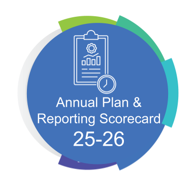 Graphic with a blue circular center featuring a white outline icon of a clipboard with charts and a clock. Below the icon, the white text reads, "Annual Plan & Reporting Scorecard 25-26". The central circle is framed by decorative, overlapping curved segments in green, teal, turquoise, and purple.