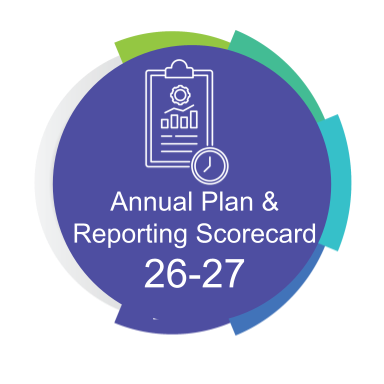 A circular graphic reading 'Annual Plan & Reporting Scorecard 26-27' with a line icon of a clipboard, charts, and a clock.