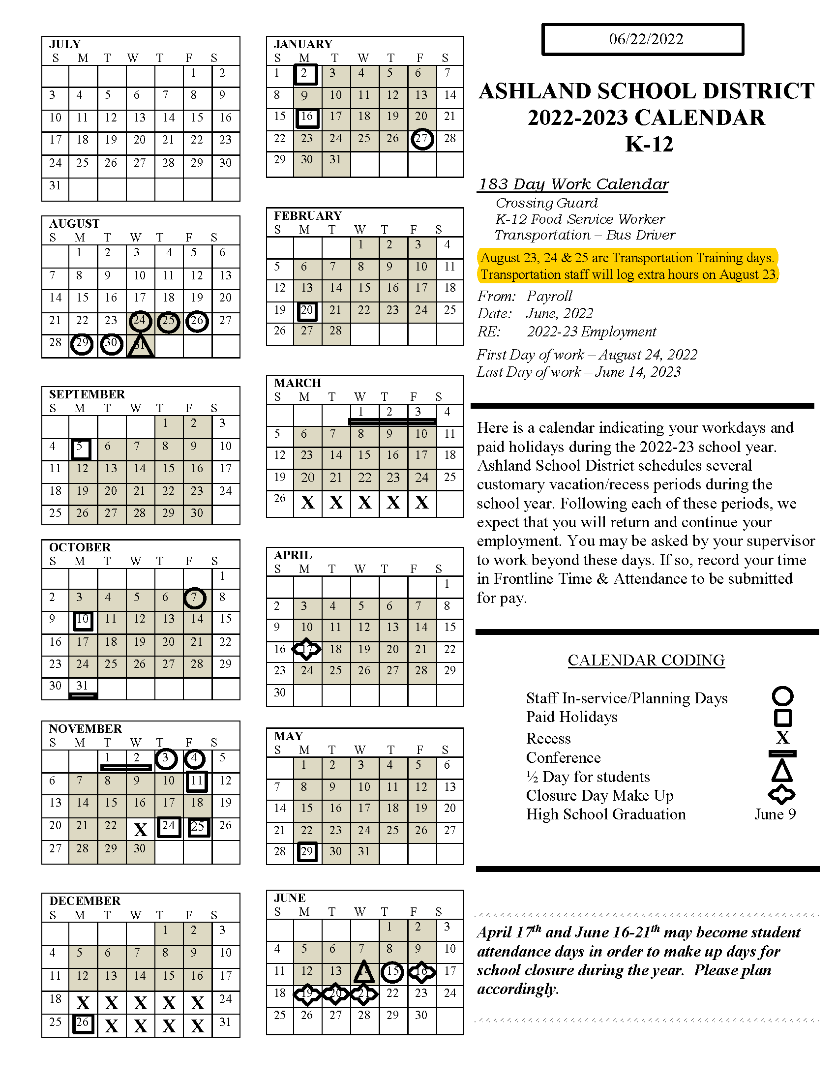 2022-2023 Staff Work Day Calendars