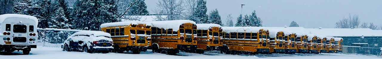 Buses lined up in the snow