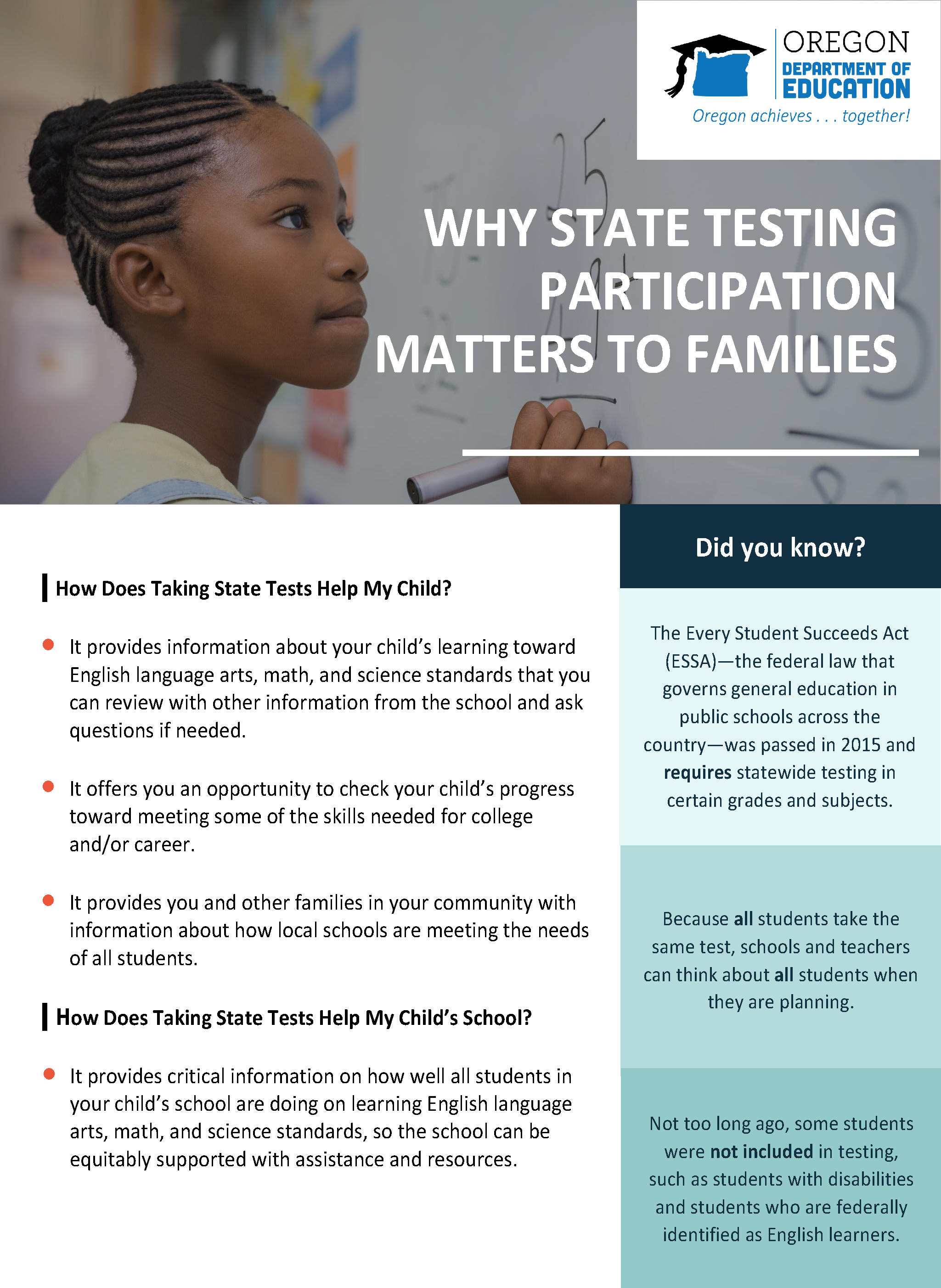 WHY STATE TESTING PARTICIPATION MATTERS TO FAMILIES How Does Taking State Tests Help My Child? • It provides information about your child’s learning toward English language arts, math, and science standards that you can review with other information from the school and ask questions if needed. • It offers you an opportunity to check your child’s progress toward meeting some of the skills needed for college and/or career. • It provides you and other families in your community with information about how local schools are meeting the needs of all students. How Does Taking State Tests Help My Child’s School? • It provides critical information on how well all students in your child’s school are doing on learning English language arts, math, and science standards, so the school can be equitably supported with assistance and resources. The Every Student Succeeds Act (ESSA)—the federal law that governs general education in public schools across the country—was passed in 2015 and requires statewide testing in certain grades and subjects. Did you know? Because all students take the same test, schools and teachers can think about all students when they are planning. Not too long ago, some students were not included in testing, such as students with disabilities and students who are federally identified as English learners. National Center on Educational Outcomes www.nceo.info NCEO is supported through a cooperative agreement (H326G160001) between the University of Minnesota, National Center on Educational Outcomes (NCEO) (#H326G160001) and the U.S. Department of Education, Office of Special Education and Rehabilitative Services (OSERS), Office of Special Education Programs. The materials do not necessarily reflect the position or policy of the U.S. Department of Education or Offices within it. Project Officer: David Egnor • It helps identify system strengths and areas where growth is needed across time to evaluate curriculum, instruction, and other assessment practices. How Should My Child’s Test Results Be Used? • Remember that the quality of a school is more than the sum of its test results. Avoid judgments or decisions based solely on state test results. • Make state test results part of conversations about your child’s learning. Look for alignment with other information about your child’s learning from their teacher and school. Ask questions if the information is not consistent. • Decisions about opportunities for your child–such as challenging math pathways, Advanced Placement, International Baccalaureate, or Talented and Gifted programs–should be based on multiple sources of evidence, not state test results alone. CONTACT ODE’s Assessment Team Webpage Please send any questions, comments, or recommendations to: ODE.AssessmentTeam@ode.oregon.gov ODE Assessment Resources The Right Assessment for the Right Purpose Parent Assessment Literacy Training Modules Results of state tests help identify trends in learning. This is especially important if groups of students, such as students with disabilities and students federally identified as English learners, are being underserved. State testing gives a snapshot of how a whole school system is performing in key areas. This helps with decisions that will improve instruction and provide targeted resources and support to different schools. Student test data helps improve our understanding of how well we are teaching and supporting our students.
