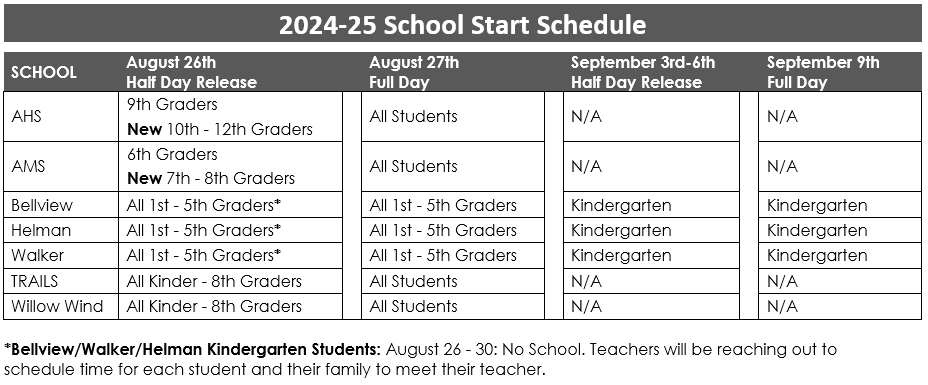 2024-25 School Start Schedule