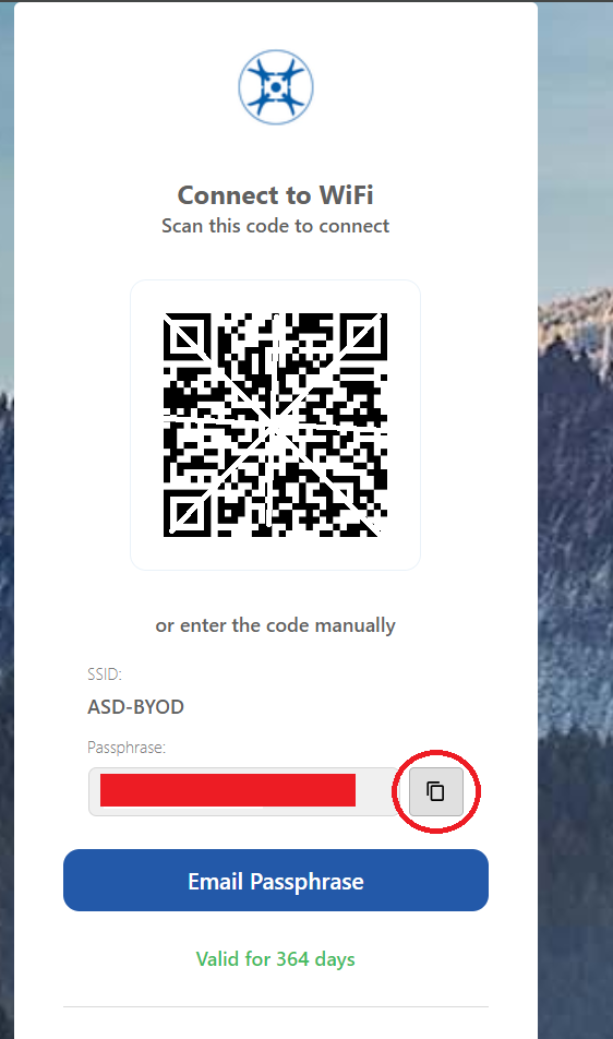 A Wi-Fi connection page displaying a QR code for easy connection. Below the QR code, there are options to manually enter the Wi-Fi credentials with the SSID 'ASD-BYOD' and a passphrase field. There's a button to email the passphrase, and a note indicates that the credentials are valid for 364 days.