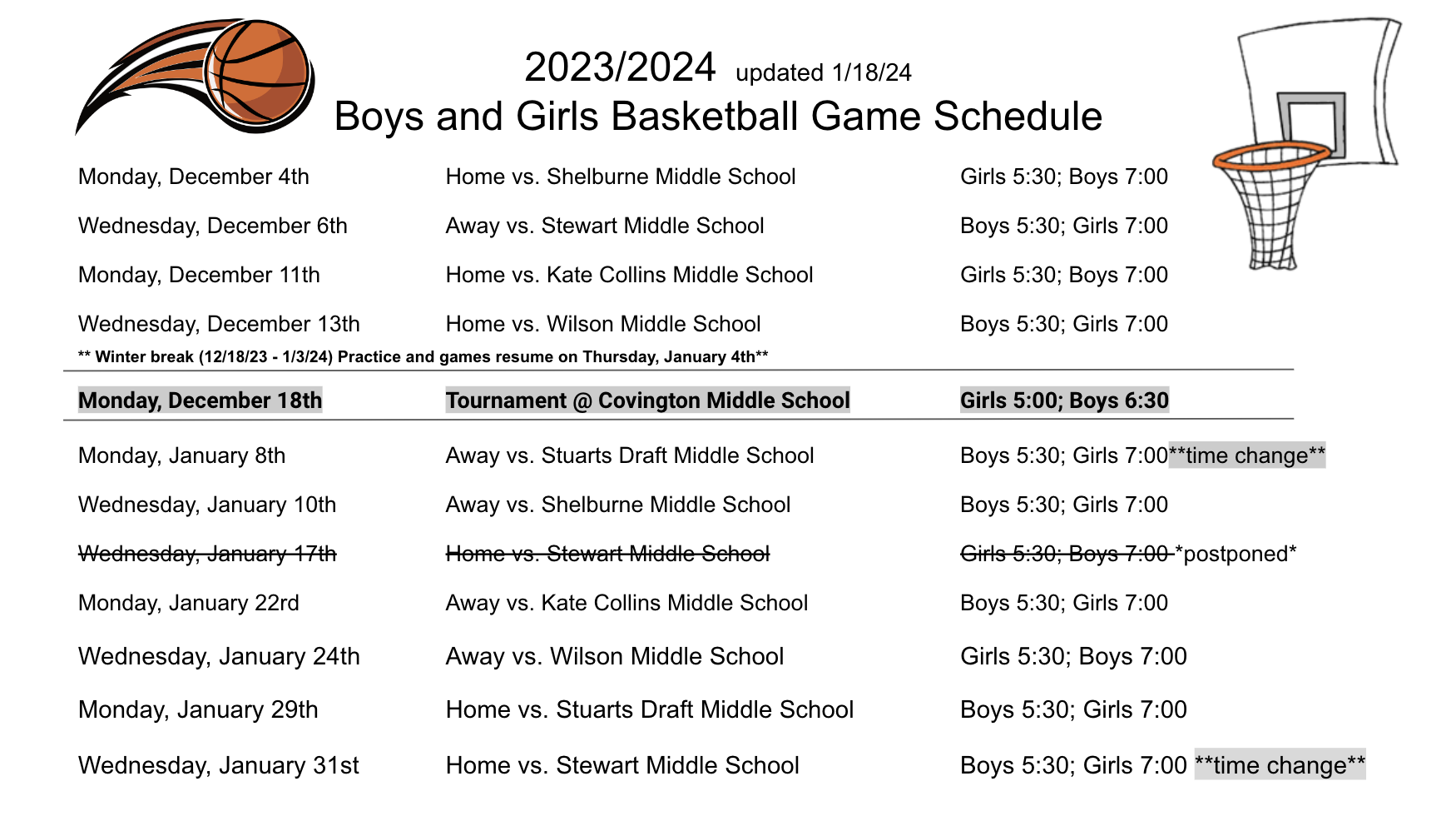 updated schedule 1/18124