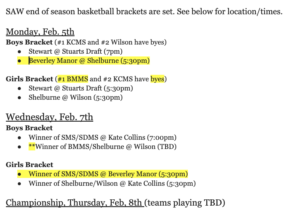 End of season game schedule