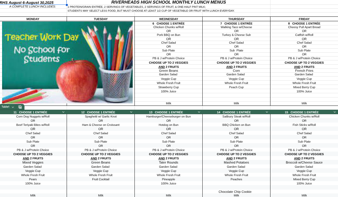 Menu, August 6-15