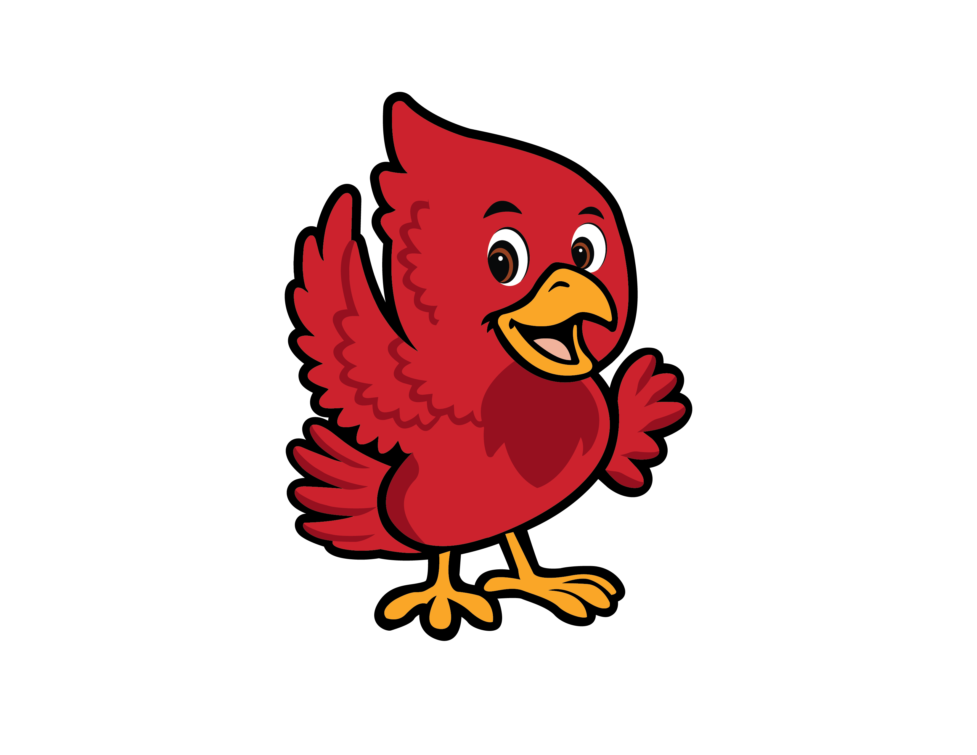 A cartoon bird with red feathers, a yellow beak, and yellow feet, smiling and looking upward.