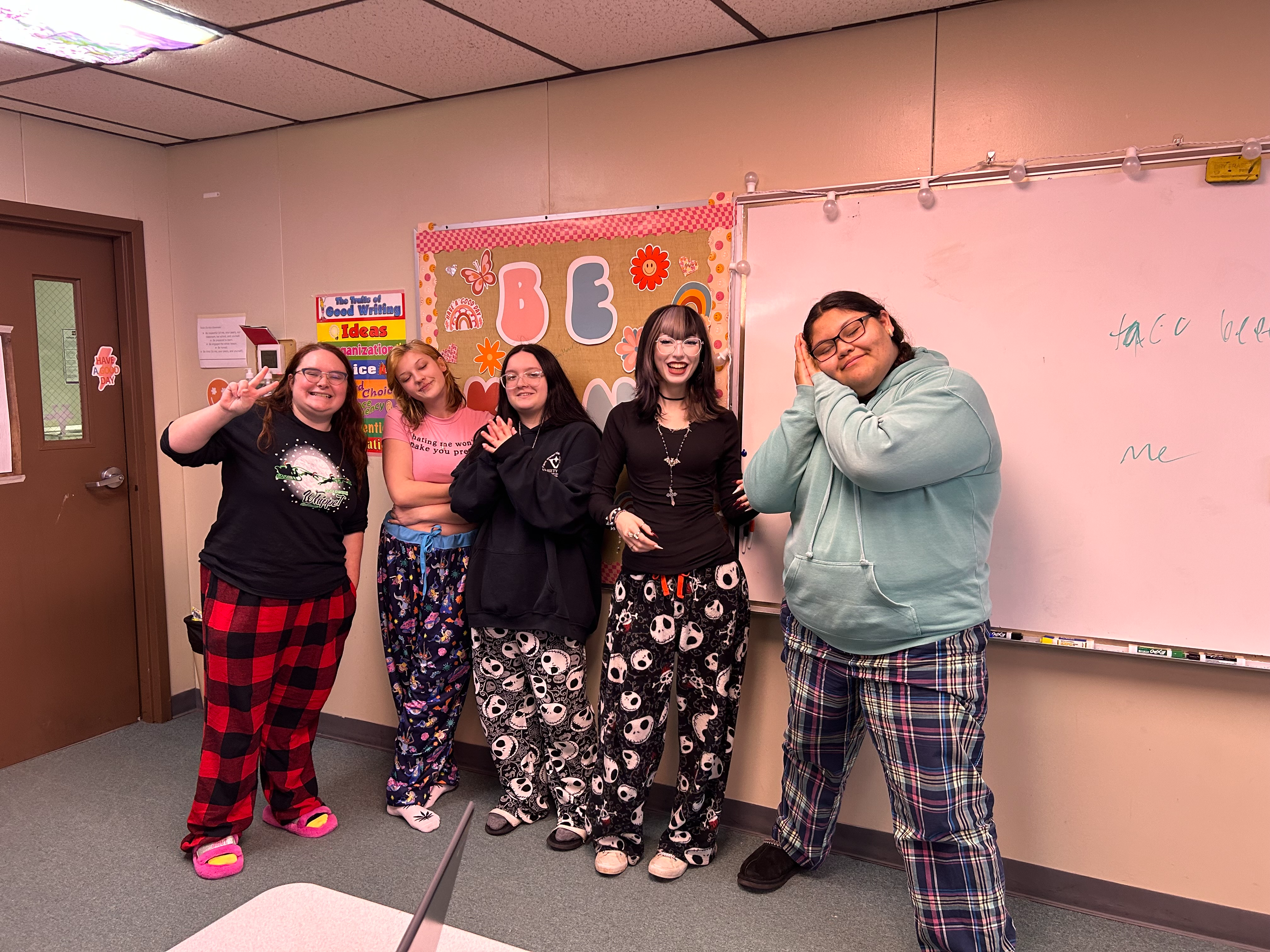 Several of the staff looking comfy for pajama day during Red Ribbon Week. Pictured from left to right Hanna Smith, Julieauan Marson, Calora Cain, Jadelan Cartwright, and Mvhayv Salceda.