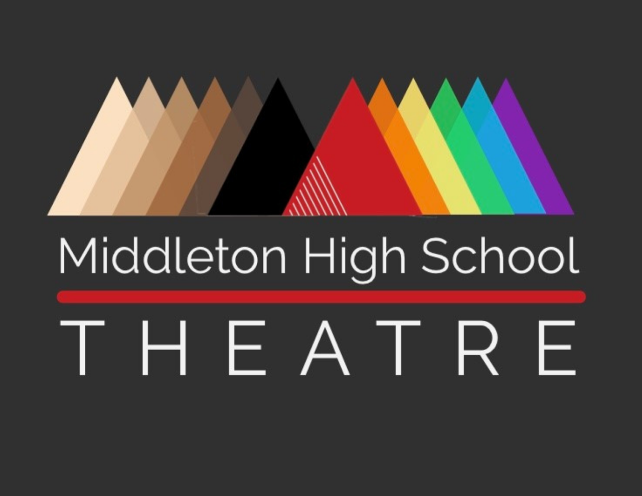 Middleton High School Theatre graphic with cascade of triangles ranging in color from tan, brown, black, red, orange, green & purple