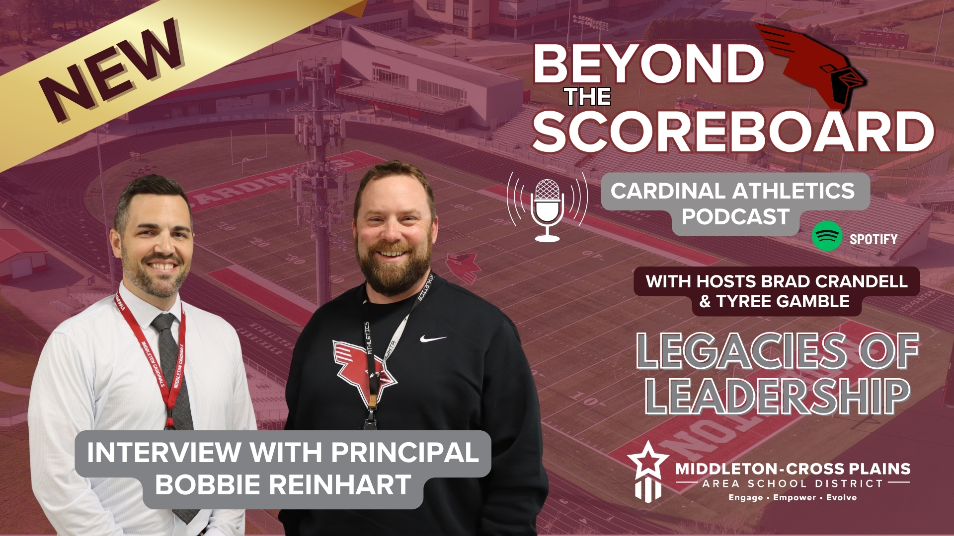 MHS Principal Bobbie Reinhart and Athletic Director Brad Crandell smiling, overlayed on a background photo of the football field, for the Beyond the Scoreboard podcast episode graphic