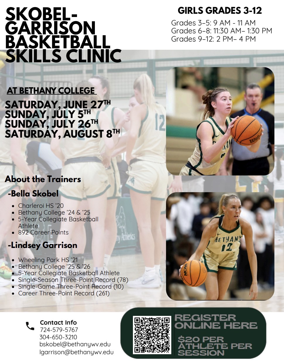 Volleyball Flyer advertising for Bethany College.  Camp available.