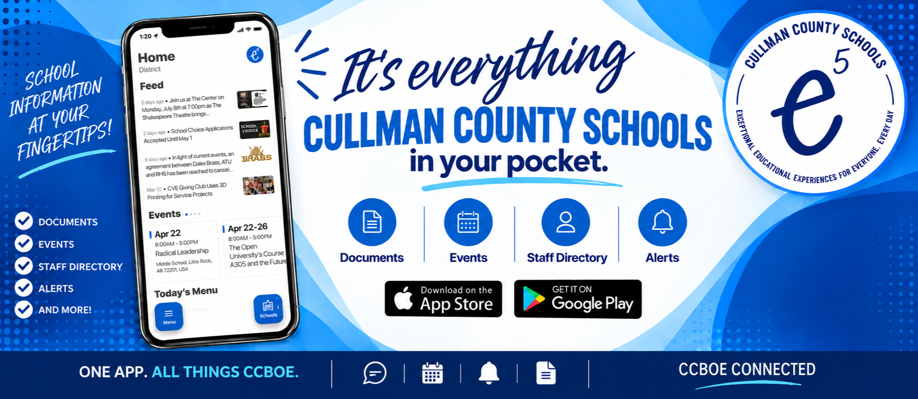 A smartphone displays a mobile app interface with the Cullman County Schools logo. The screen shows a list of options.
