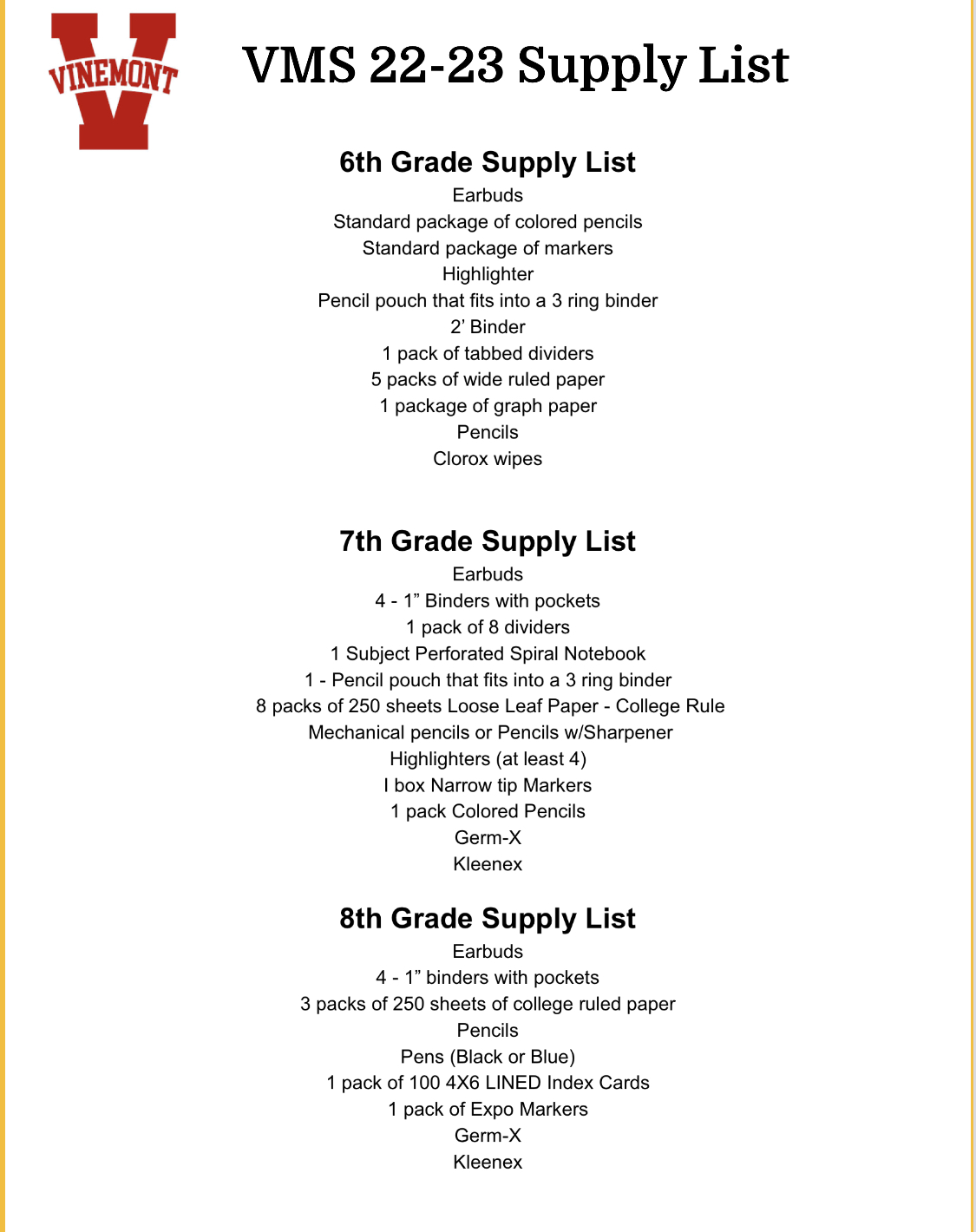 VMS Supply Lists