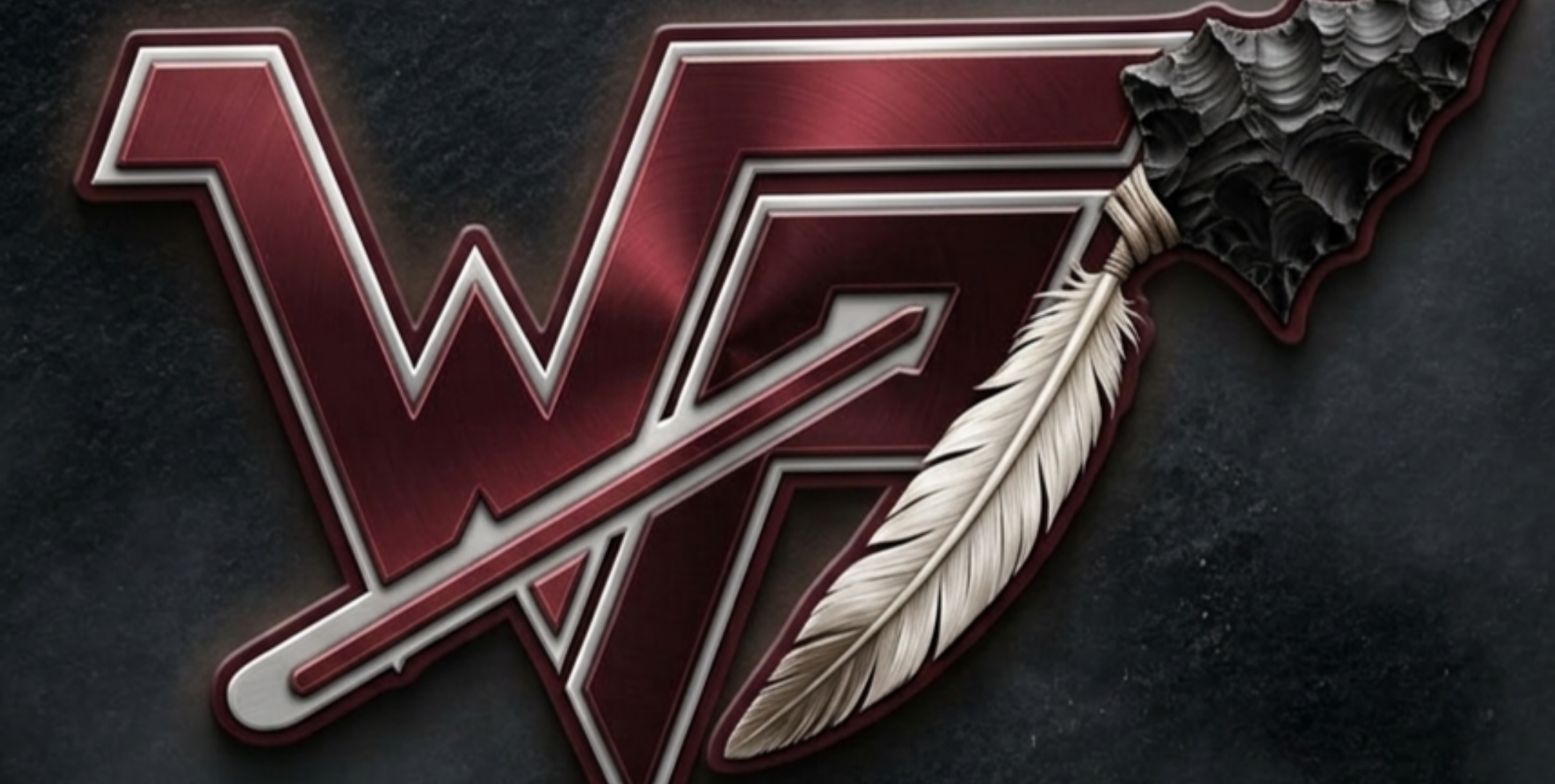 A logo displays "WF" with a red, stylized design and a feather. A spear-like object is attached to the letter.