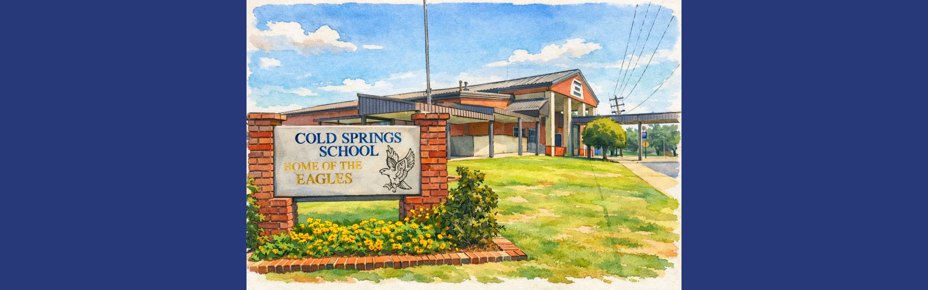 Drawing of a school sign on brick base, green lawn, bushes, and distant building.