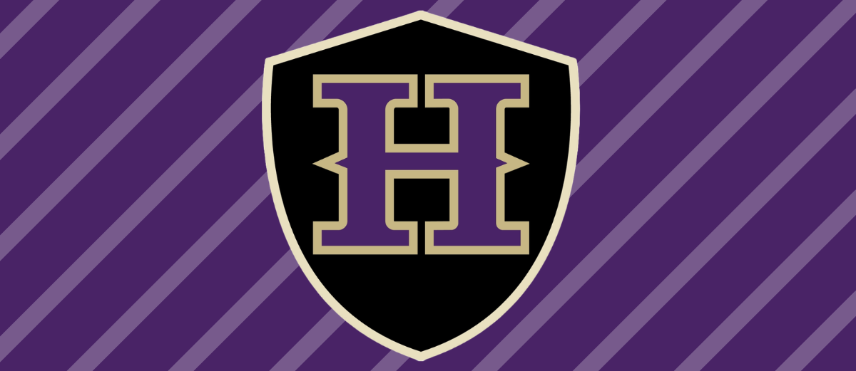 Black and gold letter H on a purple shield with white stripes in the background.