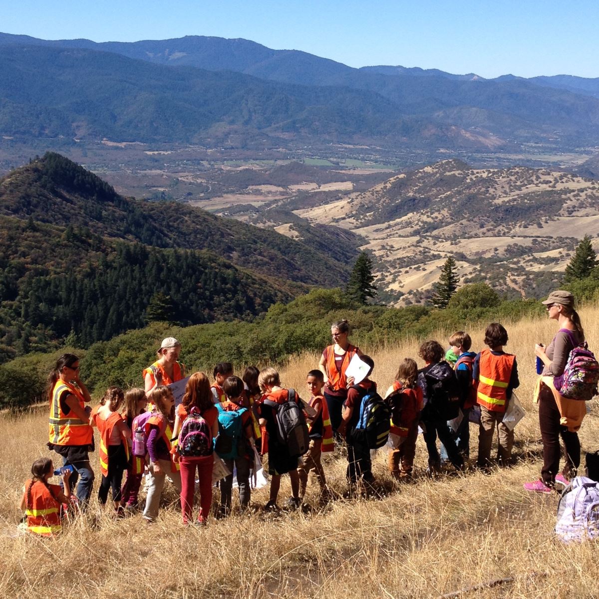 A group of young students in orange safety vests listens to a guide outdoors. They are in a grassy field with mountains in the distance, under a clear blue sky, suggesting an educational field trip.