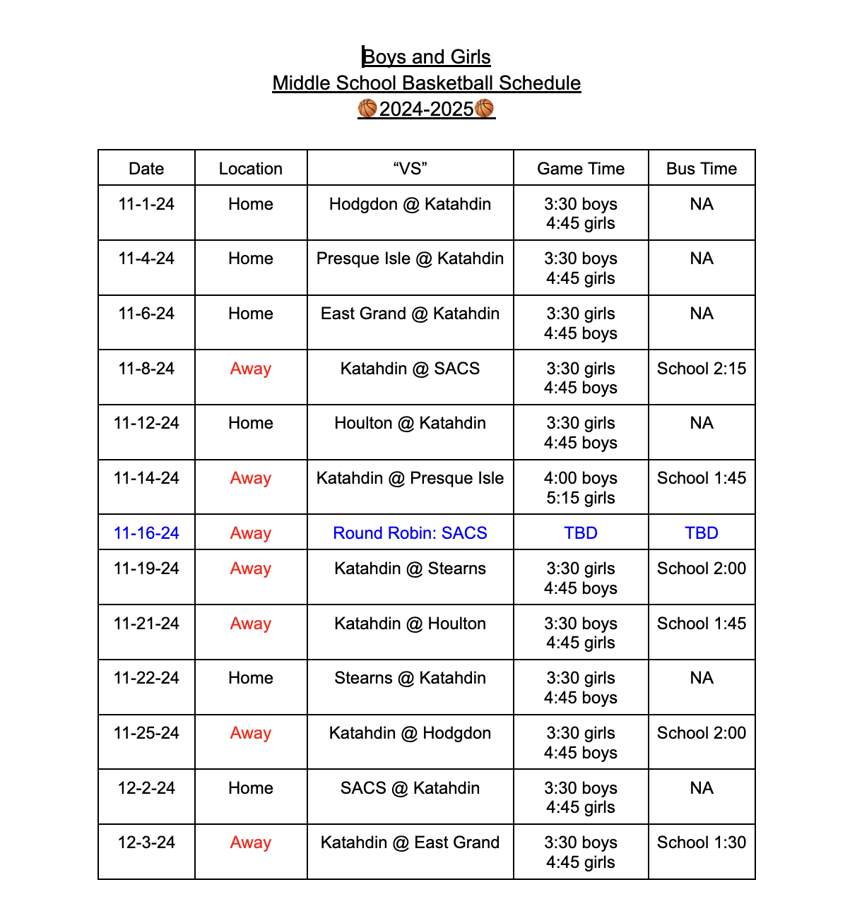 Middle School Schedule