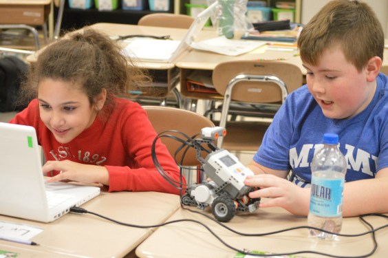 Students working in robotics